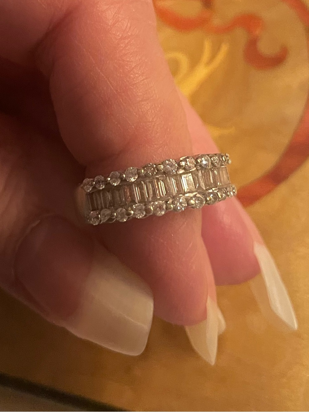 Classic 14 k white Gold and Diamonds Baguette and Round Halo Band - Women Jewelr